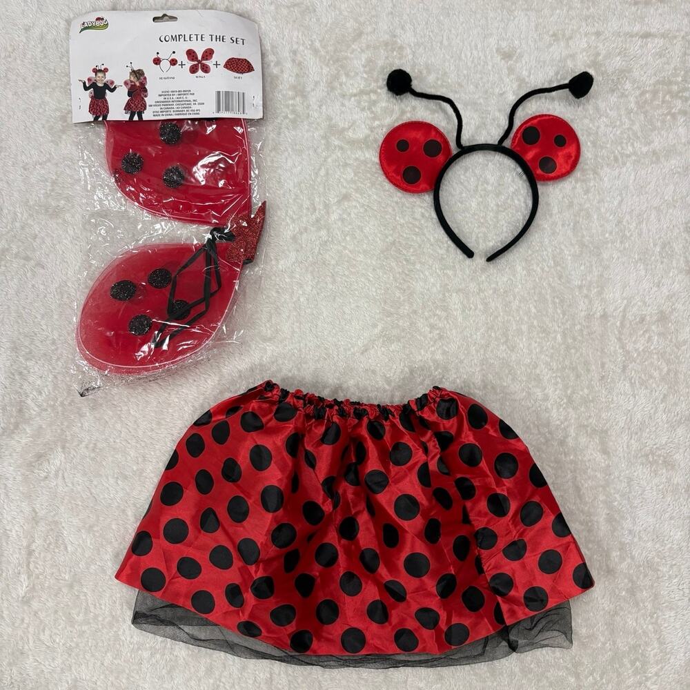 Kids Ladybug Costume One Size Skirt Wings Antenna Headband Halloween 3 Piece